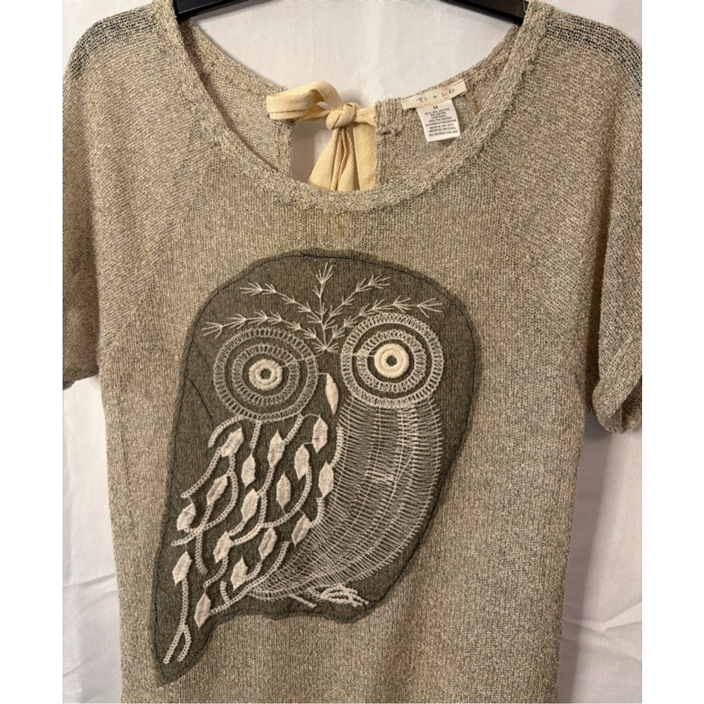 Women's Ti + Lo Beige Short Sleeve Open Knit Tee Owl Gauzy Flowy Fairy Vibe M